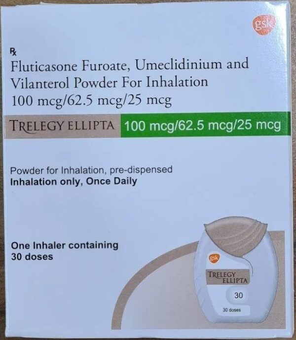 Trelegy Ellipta Powder Fluticasone Furoate 100mcg + Umeclidinium 62.5mcg  + Vilanterol 25mcg Inhalation